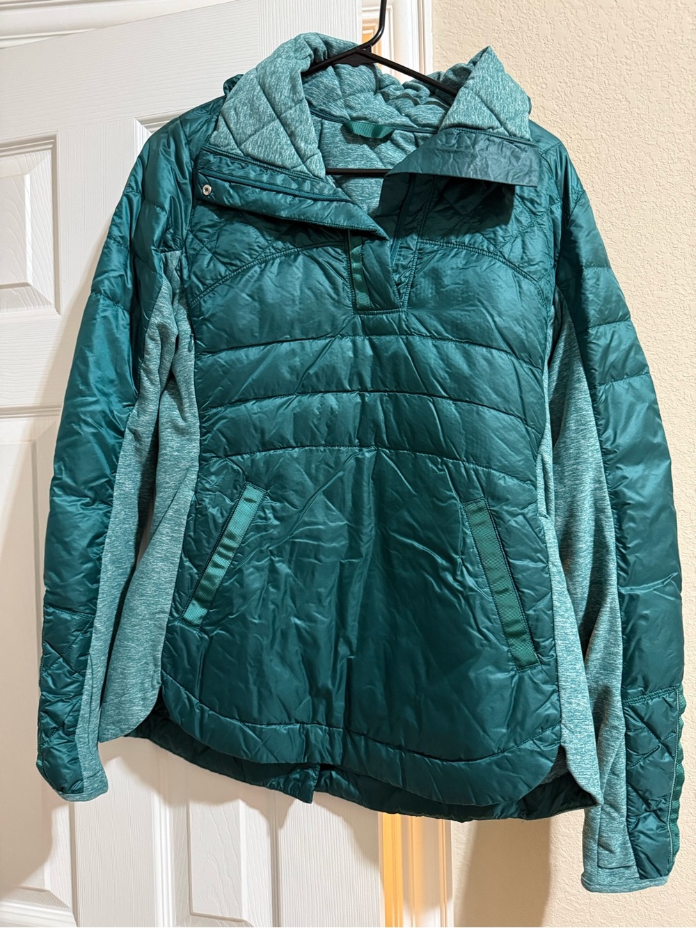 Teal Quilted Hybrid Pullover Jacket - Fleece Sleeves & Hood